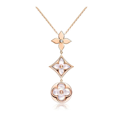 [⭐Luxery]COLOR BLOSSOM LARIAT NECKLACE PINK GOLD WHITE MOTHER PEARL AND DIAMOND