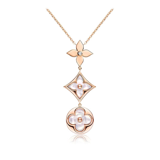 [⭐Luxery]COLOR BLOSSOM LARIAT NECKLACE PINK GOLD WHITE MOTHER PEARL AND DIAMOND