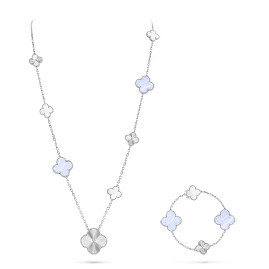 [⭐Luxery]DETACHABLE CLOVER 15(11+4) FLOWER SILVER NECKLACE SET