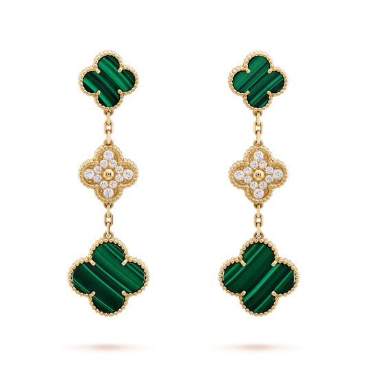 [⭐Luxery]CLOVER EARRINGS GOLD MALACHITE DIAMOND 3 MOTIF