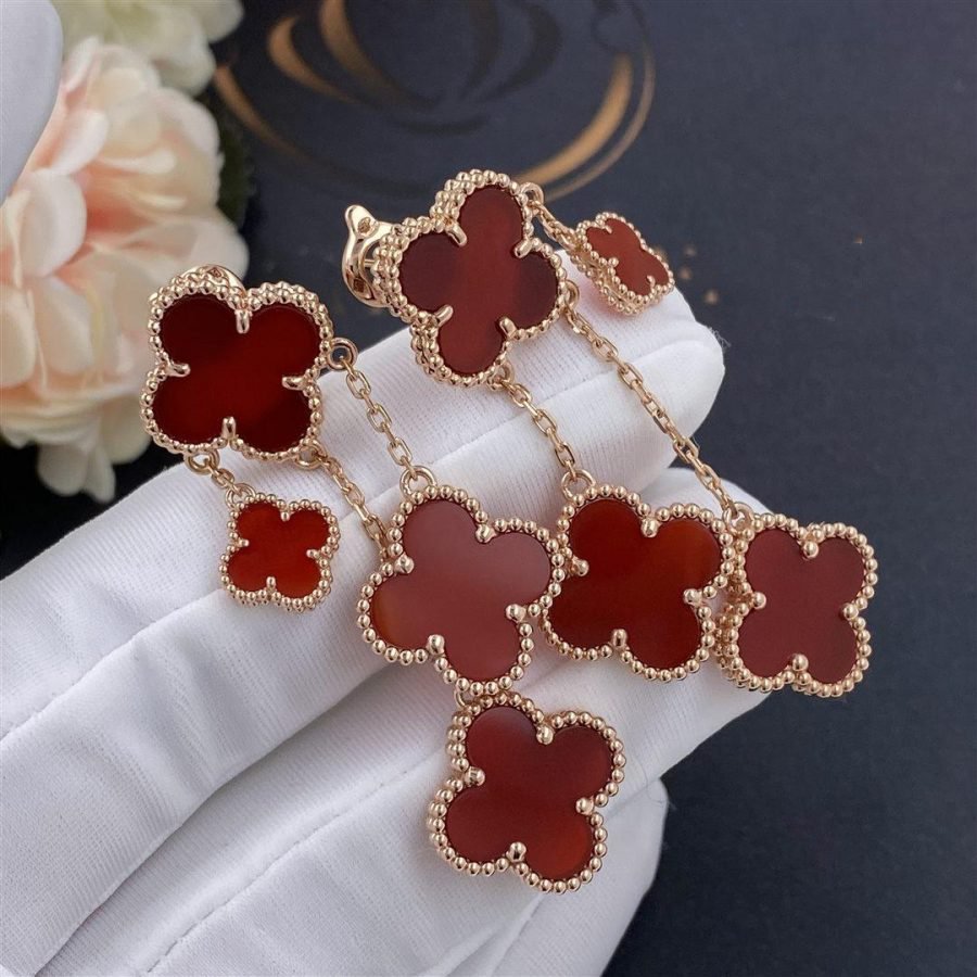 [⭐Luxery]CLOVER EARRINGS CARNELIAN 4 MOTIFS PINK GOLD