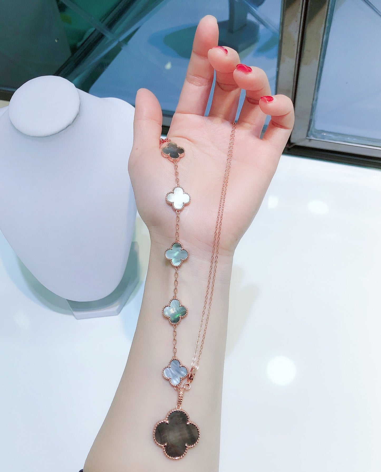 [⭐Luxery]COMBINED BRACELET 5 MOTIFS AND NECKLACE DARK MOP ROSE GOLD