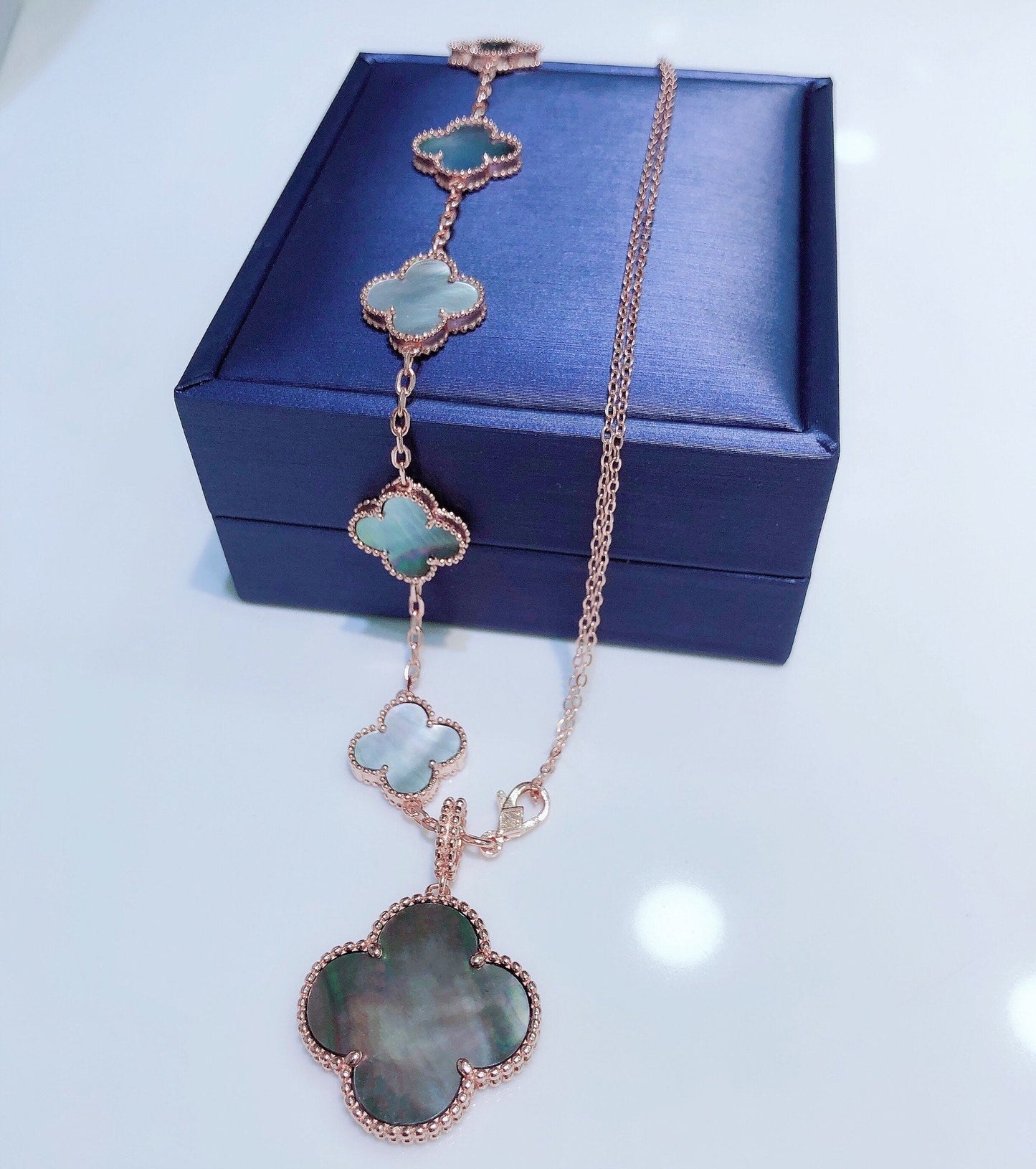 [⭐Luxery]COMBINED BRACELET 5 MOTIFS AND NECKLACE DARK MOP ROSE GOLD