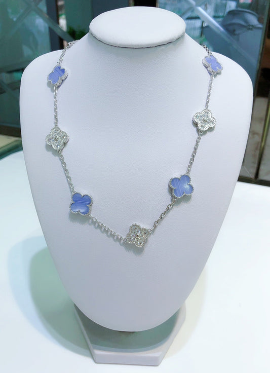 [⭐Luxery]CLOVER 10 MOTIFS CHALCEDONY DIAMONDS SILVER NECKLACE