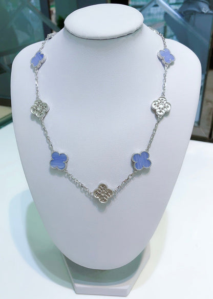 [⭐Luxery]CLOVER 10 MOTIFS CHALCEDONY DIAMONDS SILVER NECKLACE
