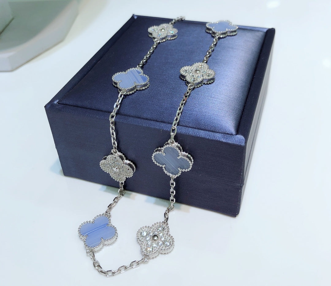 [⭐Luxery]CLOVER 10 MOTIFS CHALCEDONY DIAMONDS SILVER NECKLACE