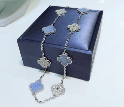 [⭐Luxery]CLOVER 10 MOTIFS CHALCEDONY DIAMONDS SILVER NECKLACE