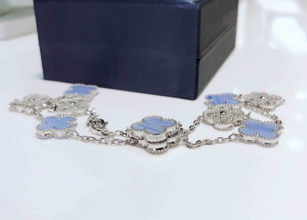 [⭐Luxery]CLOVER 10 MOTIFS CHALCEDONY DIAMONDS SILVER NECKLACE