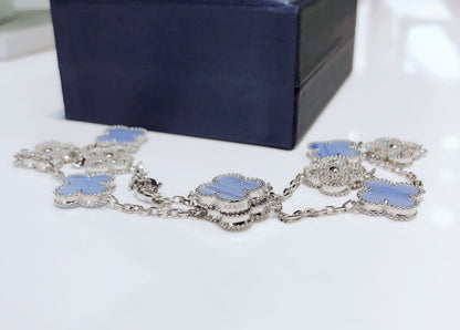 [⭐Luxery]CLOVER 10 MOTIFS CHALCEDONY DIAMONDS SILVER NECKLACE