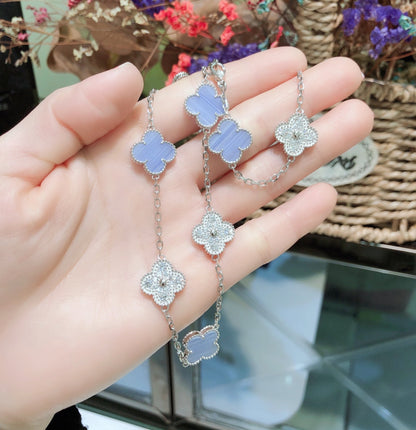 [⭐Luxery]CLOVER 10 MOTIFS CHALCEDONY DIAMONDS SILVER NECKLACE