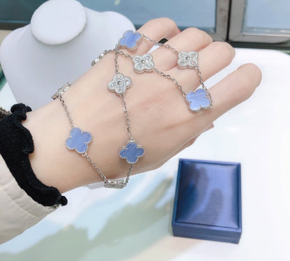 [⭐Luxery]CLOVER 10 MOTIFS CHALCEDONY DIAMONDS SILVER NECKLACE
