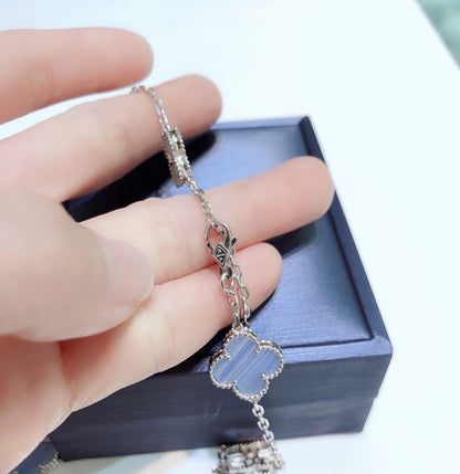 [⭐Luxery]CLOVER 10 MOTIFS CHALCEDONY DIAMONDS SILVER NECKLACE
